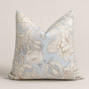 Linen Blue Grey Flowers Throw Pillow Cover