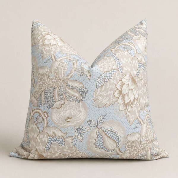 Linen Blue Grey Flowers Throw Pillow Cover